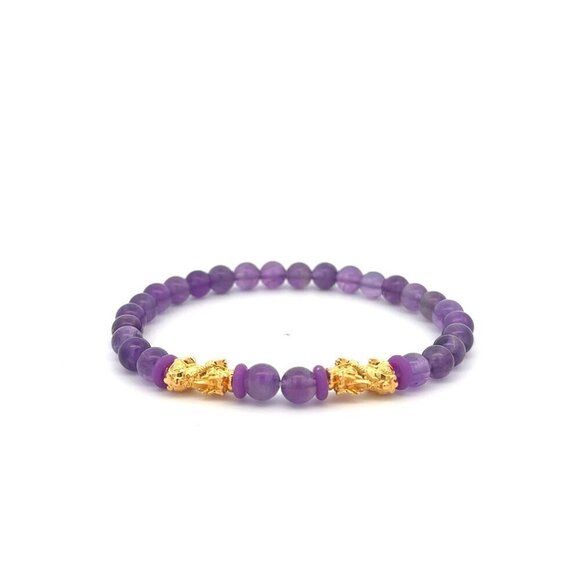 18K Gold Dragon Pixiu Double Piyao Bracelet Gemstones February Birthstones Ameth - Picture 1 of 4